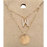 -W- Rhinestone Initial Monogram Metal Disc Pendant Double Layered Necklace