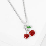 White Gold Dipped Enamel Cherry Pendant Necklace