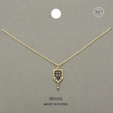 Stone Paved Brass Metal Pickleball Paddle Pendant Necklace