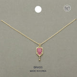 Stone Paved Brass Metal Pickleball Paddle Pendant Necklace