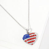 Women's Crystal Paved American USA Flag Heart Pendant Statement Necklace 4th of July