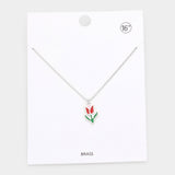 Brass Metal Enamel Tulip Flower Pendant Necklace