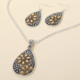 Embossed Floral Pattern Textured Metal Teardrop Pendant Necklace