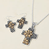 Embossed Floral Pattern Textured Metal Cross Pendant Necklace