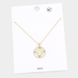 Hamsa Hand Evil Eye Accented Textured Brass Metal Round Pendant Necklace