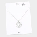 Hamsa Hand Evil Eye Accented Textured Brass Metal Round Pendant Necklace
