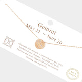 Gemini Gold Dipped CZ Zodiac Sign Metal Disc Pendant Necklace
