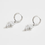 White Gold Dipped Center Pearl Cross Charm Drop Mini Huggie Hoop Earrings