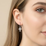 White Gold Dipped Center Pearl Cross Charm Drop Mini Huggie Hoop Earrings