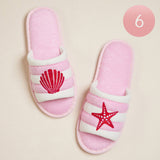 6Pairs - Starfish Seashell Embroidered Striped Pool Side Slippers / Home Indoor Floor Slippers