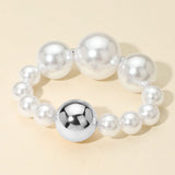 Chunky Metal Ball Accent Pearl Beaded Stretch Bracelet