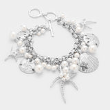 Pearl Embellished Starfish Shell Multi Charm Toggle Bracelet