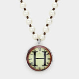 -H- Initial Monogram Pearl Beaded Watch Printed Long Necklace