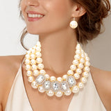 Rhinestone Pave Stone Accented Pearl Necklace