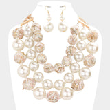 Tweed Fabric Ball Pearl Triple Layered Bib Necklace