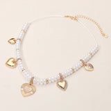 Multi Heart Charm Station Pearl Beaded Necklace