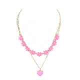 Enamel Heart Pendant Flower Link Double Layered Necklace