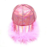 Faux Feather Trimmed Hologram Baseball Cap