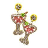 Felt Back Martini Rhinestone Pearl Beads Dangle Earrings