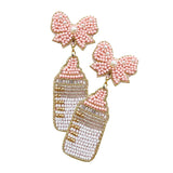 Felt Back Pearl Beaded Bow Baby Bottle Dangle Earrings