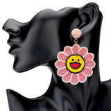Felt Back Seed Beaded Smile Flower Dangle Earrings