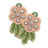 Felt Back Sequin Stone Seed Beaded Flower Leaf Earrings