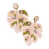 Felt Back Stone Embellished Seed Beaded Leaf Dangle Earring
