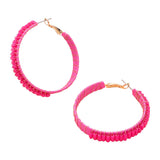 Rectangle Bead Trimmed Raffia Wrapped Hoop Earrings