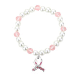 Rhinestone Pink Ribbon Charm Pearl Stretch Bracelet