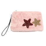 Star Patches Fuzzy Faux Fur Wristlet Clutch Bag