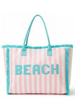 BEACH Letter with Striped Pattern and Frayed Summer Tote Bag