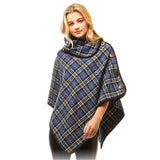 Cozy Plaid High Neck Buttons Collar Poncho  Ruana