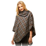 Cozy Plaid High Neck Buttons Collar Poncho  Ruana