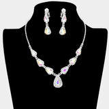 Teardrop Stone Accented Rhinestone Pave Necklace Clip on Earring Set
