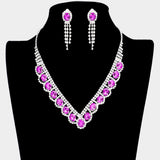 Oval Stone Accented V Shaped Rhinestone Necklace Clip on Earring Set