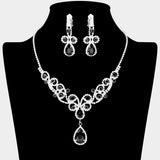 Teardrop Crystal Rhinestone Vine Drop Collar Necklace Clip on Earring Set