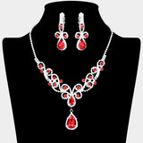 Teardrop Crystal Rhinestone Vine Drop Collar Necklace Clip on Earring Set