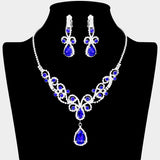 Teardrop Crystal Rhinestone Vine Drop Collar Necklace Clip on Earring Set
