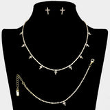 Cross CZ Stone Station Rhinestone Paved Necklace Jewelry Set