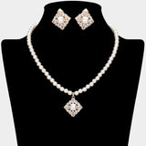 Pearl Centered Stone Paved Pendant Pointed Necklace