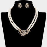 Rhinestone Paved Rose Pendant Double Layered Pearl Necklace