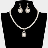Pearl Accent Rhinestone Paved Teardrop Pendant Pearl Necklace