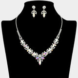 Marquise Stone Cluster Leaf Drop Rhinestone Paved Necklace