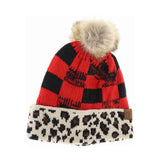 Leopard/Buffalo Mixed Print Fur Pom C.C Beanie