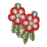 Felt Back Sequin Stone Seed Beaded Flower Leaf Earrings