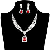 Rhinestone Pave Teardrop Collar Necklace & Clip Earring Set