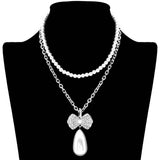 Pearl Chain Rhinestone Pave Ribbon Dangle Pendant Necklace