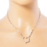 White Gold Dipped CZ Open Heart Carabiner Pendant Paperclip Necklace