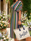 Colorful Stripe Batwing Sleeve Slit Dress