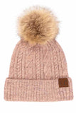 C.C Soft cuff Beanie in Mixed Cable Pattern with Faux Fur Pom